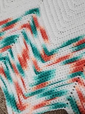 Handmade White Chevron Knit Throw with Teal and Coral Accents